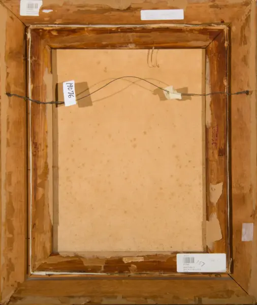 Back of a framed painting: wooden stretcher bars, canvas back, hanging wire stretched across with tape securing it, and several white labels/stickers on the frame.
