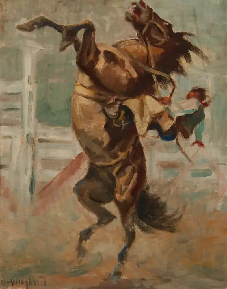Painting of a brown horse rearing on its hind legs, with a rider clinging to the saddle in a muted, impressionistic scene.