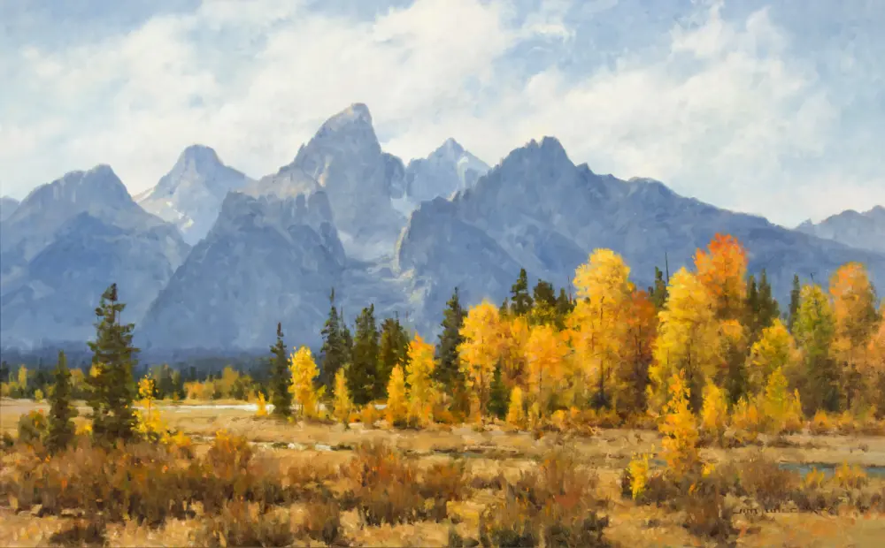 Autumn mountain landscape painted with jagged peaks and a forest of yellow-orange trees in the foreground under a pale blue sky, impressionistic style.