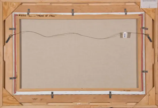 Back of a stretched canvas on a wooden frame with a hanging wire and metal brackets; handwritten title 'Peak of Fall' visible along the top edge.