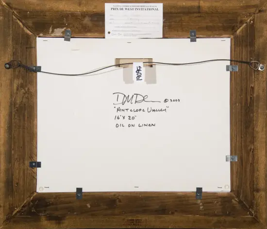 Back of a framed painting; handwritten title 'Antelope Valley', 16 x 20, oil on linen, with a certificate taped above and wired from sides.
