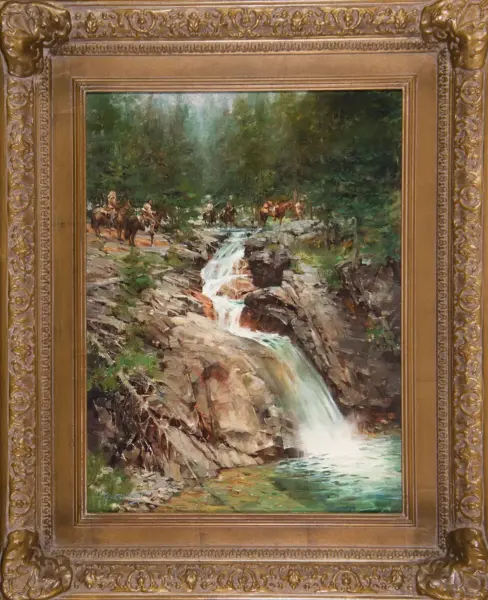 Oil painting of a forest scene with a rocky waterfall in the foreground and riders on horseback crossing a bridge in the background, within an ornate gold frame.