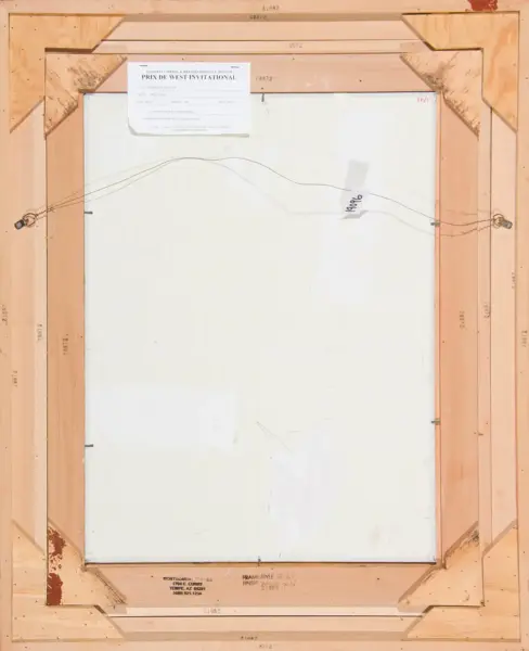 Back of a framed canvas with wooden stretcher bars, hanging wire, and labels/stickers across the top edge