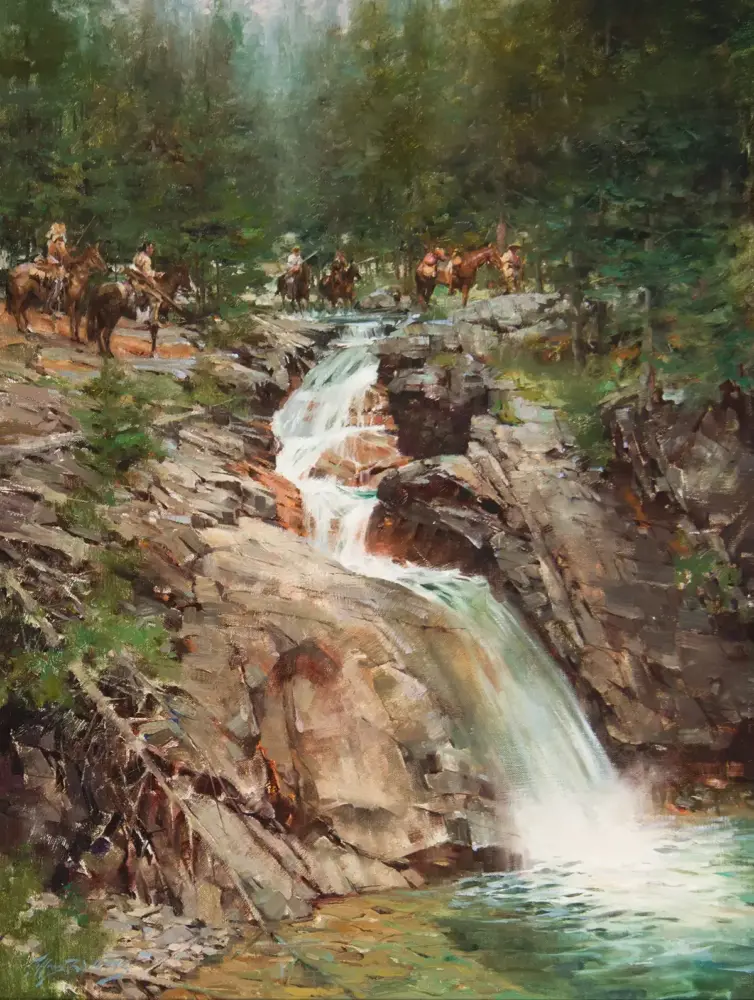 Group of riders on horseback crossing a rocky creek in a forest, with a small waterfall in the foreground (impressionist painting).
