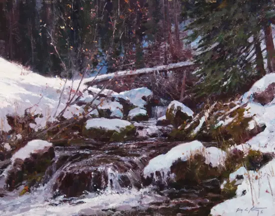 Impressionist painting of a snow-covered forest with a rocky stream and a fallen log across the scene.