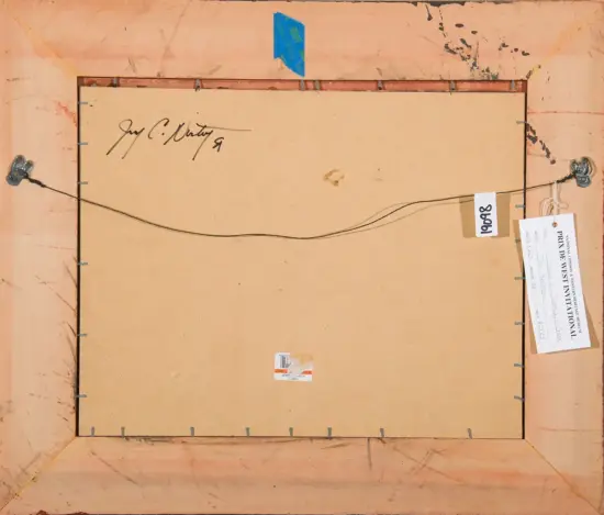Back of a framed painting with a hanging wire, two metal hooks, and various labels/tags attached to the right side.