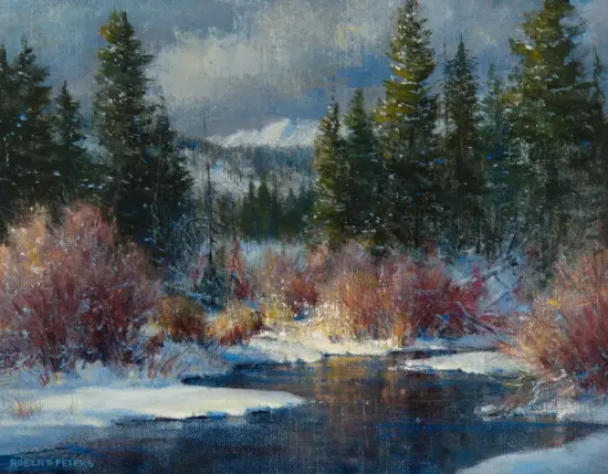 Impressionistic winter forest scene with tall evergreen trees, snow on the ground, and a partially frozen stream in the foreground.