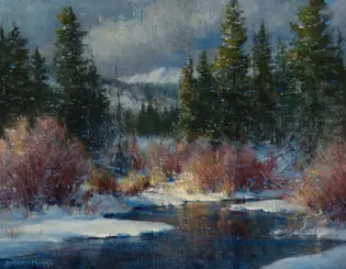 Impressionistic winter forest with tall evergreen trees and a icy, snow-covered foreground near a small stream.