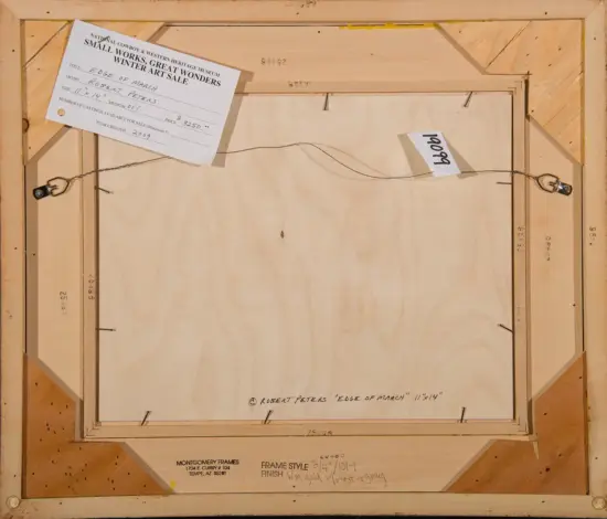 Back of a framed artwork: hanging wire, labels, and a tag reading 'Edge of March' by Robert Peters; frame by Montgomery Frames nearby stampings and numbers visible.