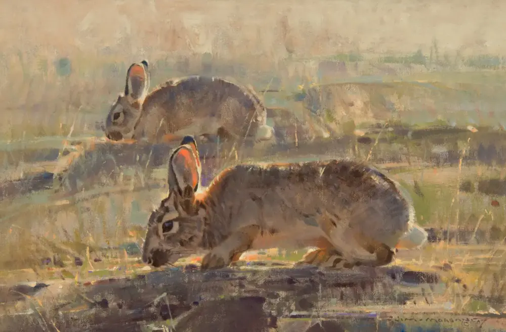 Two rabbits in a sunlit meadow, one close-up in the foreground and another grazing in the background. (Impressionist painting)