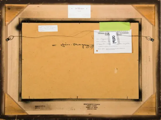 Back of framed artwork showing a hanging wire across, with white price tags and a sale label taped to the right.