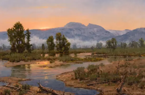 Sunset over a calm river valley with trees and distant blue-gray mountains, painted in soft impressionist tones.