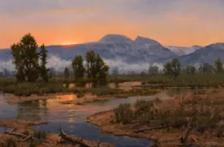 Impressionistic sunset landscape with orange sky, blue-gray mountains, and a reflecting river in the foreground with trees along the bank.