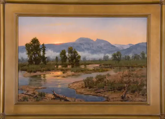Landscape painting of a sunset over a lake with trees in the foreground and distant mountains in soft, warm colors.