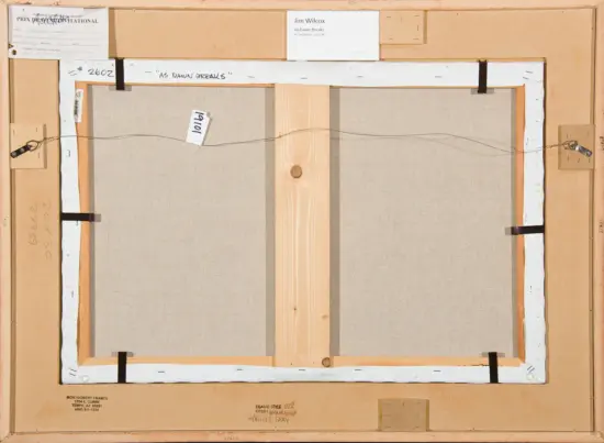 Back of a stretched canvas on a wooden frame; hanging wire runs across with labels and notes attached.