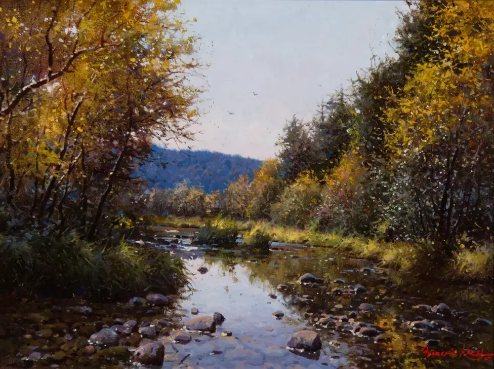 Autumn landscape painting of a shallow river winding through a forest with orange and yellow trees and rocky banks.