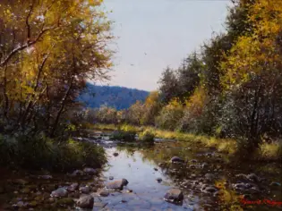 Autumn landscape painting of a shallow river winding through a forest with orange and yellow trees and rocky banks.