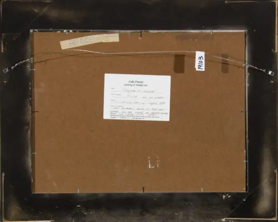 Back of framed artwork with hanging wire, brown backing, and a central white label.