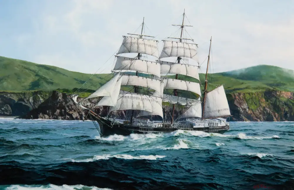 Three-masted sailing ship with white sails on rough seas near rocky coastline under a blue sky, close to green cliffs.
