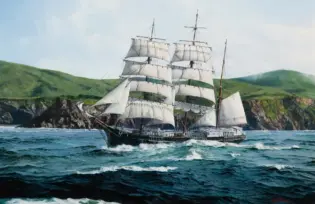 Three-masted sailing ship with white sails on rough seas near rocky coastline under a blue sky, close to green cliffs.