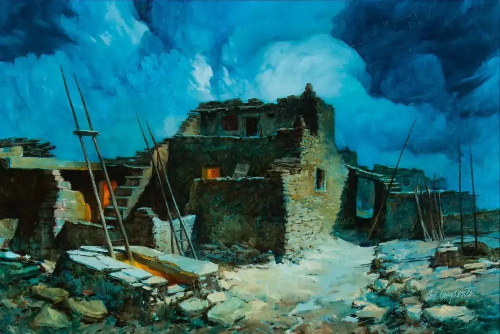 Snowy ruins with stone walls and ladders leaning against them under a blue sky.