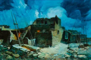 Snowy ruins with stone walls and ladders leaning against them under a blue sky.