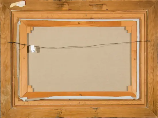 Back of a stretched canvas in a wooden frame, showing a wire for hanging and painted numerical measurements on the frame edges