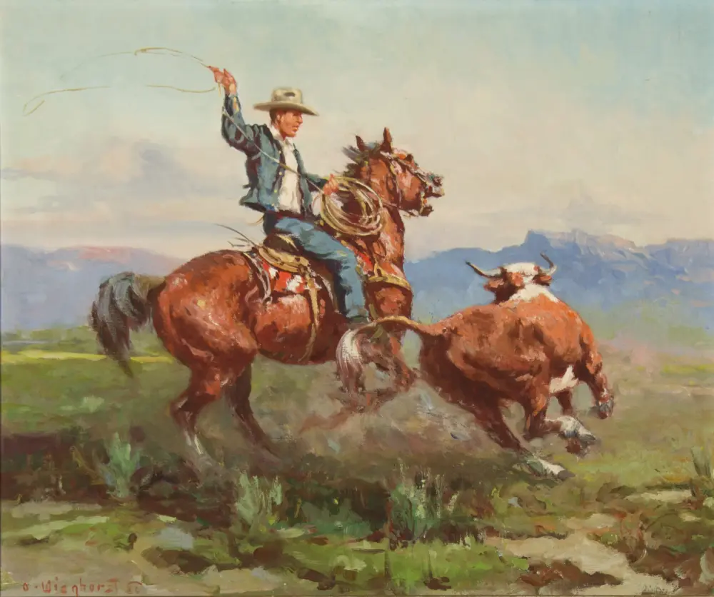 Cowboy on a bucking horse, swinging a lasso over a western landscape.