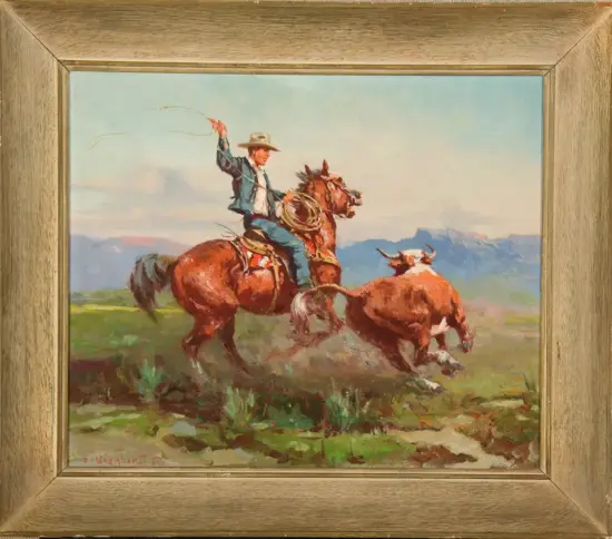 Cowboy on a horse roping a steer in a western landscape, lasso raised midair against a blue sky.