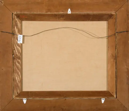 Back of a stretched canvas on a wooden frame, with a hanging wire across the top and small tags attached to the frame.