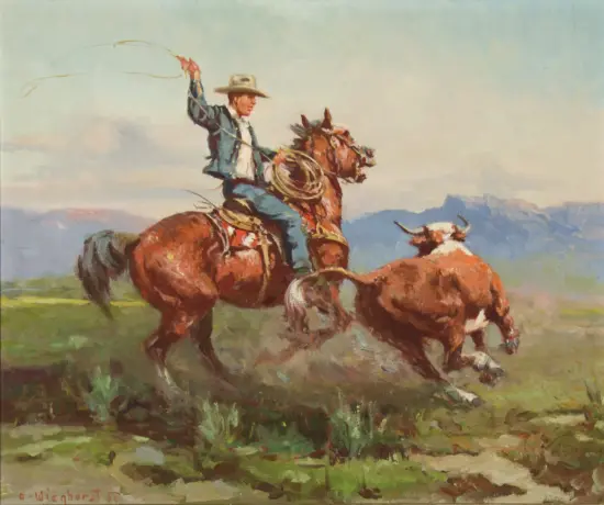 Cowboy on a bucking horse, swinging a lasso over a western landscape.