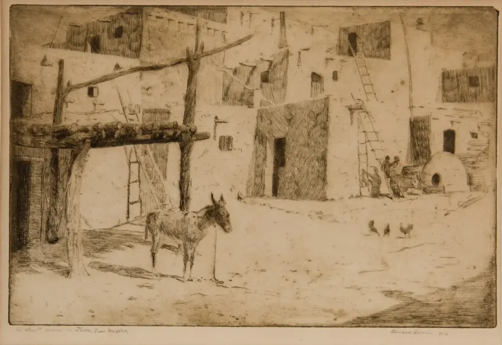 Dusty pueblo courtyard with white adobe buildings, a donkey in the foreground, a wooden ladder, and a domed oven among nearby figures and chickens.