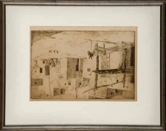 Ink sketch of a dense hillside village with adobe houses, ladders, and rooftops intersecting across the scene.