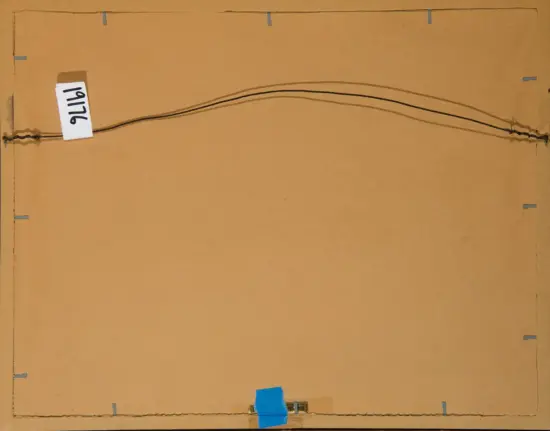 Back of a framed artwork: a horizontal hanging wire taped to cardboard with a white tag reading 1916 on the left, blue tape along edges, and a blue tape at the bottom.
