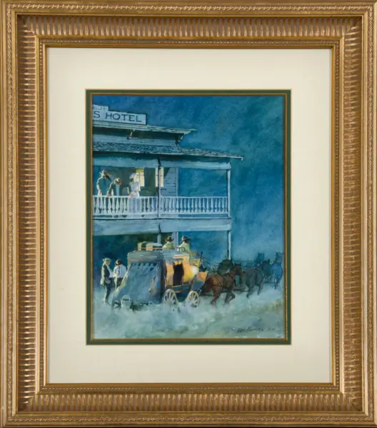 Blue-toned street scene painting with people on a balcony, horse-drawn carriages, framed by a gold ornate frame.