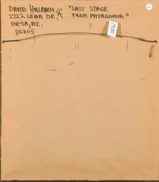 Back of a framed painting showing handwritten text in black marker: an address and the title 'Last Stage from Patagonia,' with a small white label attached and a wire across the top.