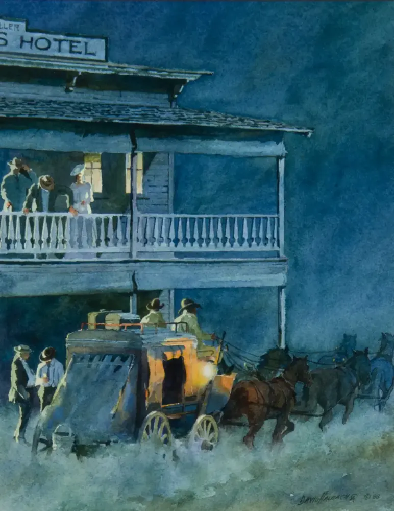 Night scene outside a two-story hotel with a wraparound balcony and several people looking out from the upper level. A horse-drawn carriage stands in front, illuminated by warm lanterns under a blue sky.