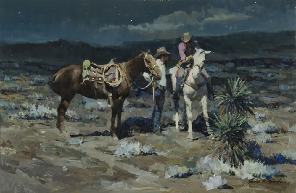 Night desert scene with cowboys and horses under a dark, starry sky.