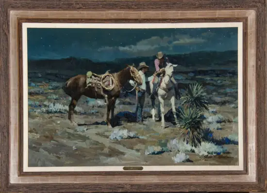 Framed oil painting of two cowboys with their horses in a desert at night, tending the animals under a starry, cloudy sky.