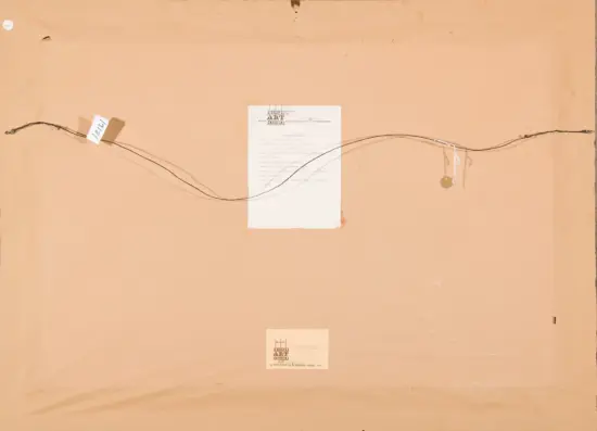 Back of a framed artwork showing a hanging wire, beige backing, and small labels attached near the center and right edge.
