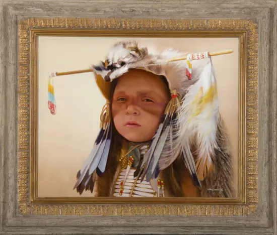Portrait painting of a person wearing a feathered ceremonial headdress, set in a weathered gold frame.