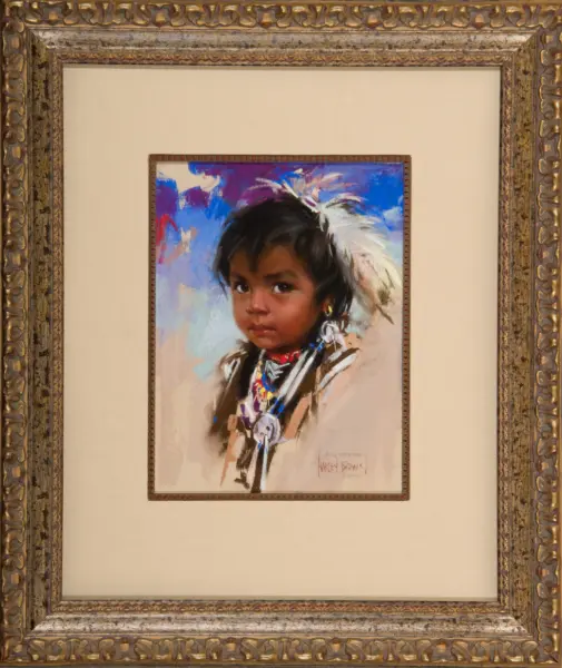 Portrait of a young child with dark hair and colorful clothing, painted in loose brushstrokes, framed by a beige mat and an ornate gold frame.
