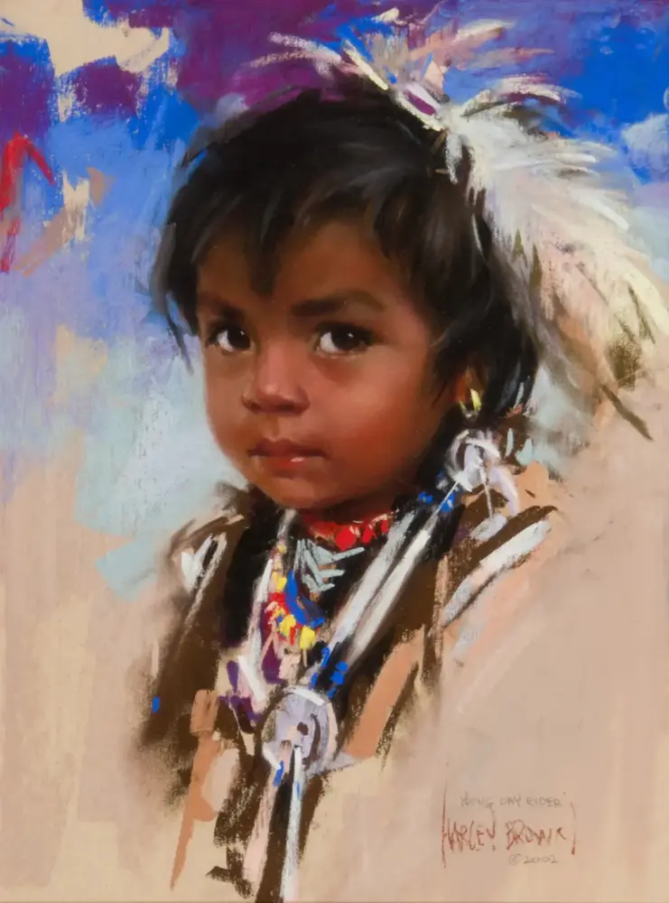 Portrait of a young Indigenous child with dark hair, wearing beaded jewelry, against a colorful abstract background.
