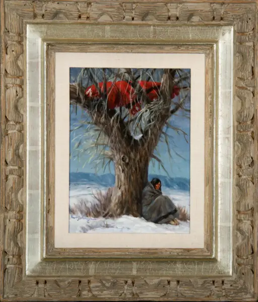 Winter landscape painting: a large, knobby tree with red blossoms stands in snow, a woman in a gray shawl sits at its base with distant blue hills and sky behind her.