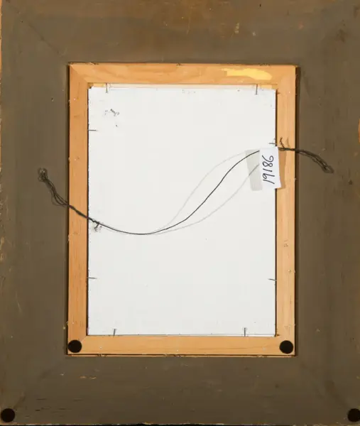 Back of a framed painting: white canvas on a wooden stretcher, with hanging wire and a small handwritten label attached to the side edge.