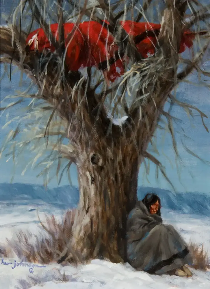 Winter landscape painting of a bare, gnarled tree with red ribbons in the branches beside a snow-covered ground and a person in a gray coat leaning against the trunk beneath the tree