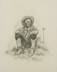 Old man in a wide-brimmed hat sits on grass, holding a mug with arms resting on his knees.