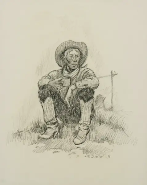 Old man in a wide-brimmed hat sits on grass, holding a mug with arms resting on his knees.