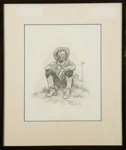 Pencil sketch of a man in a cowboy hat sitting on the grass, holding a cup.