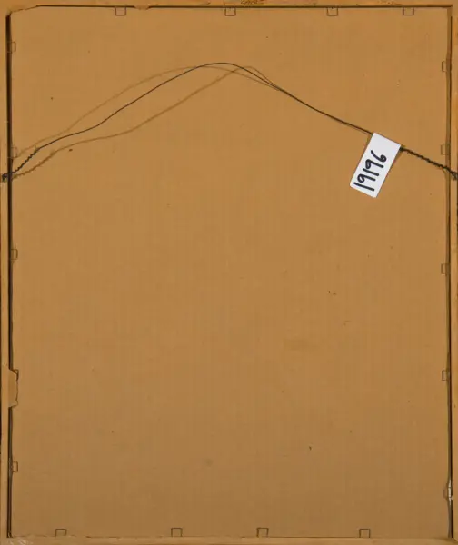 Back of a framed artwork, showing hanging wire and a white tag labeled 1916 on brown backing.